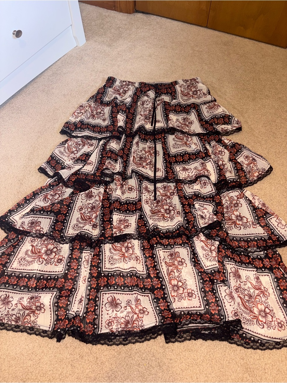 Listicle Tiered Maxi Skirt in Black and Cream with Rust Floral Accents